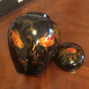 Vintage Black Lacquer Wood Goldfish Koi Fish Jar With Lid